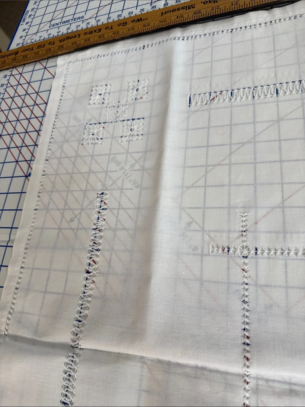 Vintage White Linen Madeira Style Table Topper 34 x 32 Drawn Thread Cutwork